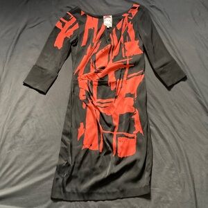 Yoana Baraschi Anthropologie Silk Dress 3/4 Sleeve Black Red Abstract Size 2